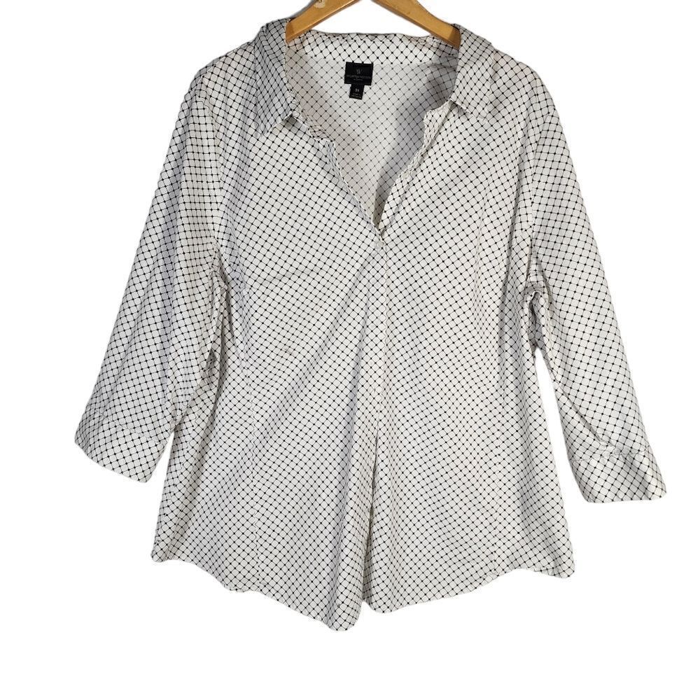 Worthington white and black geometric 3/4 sleeve button down top